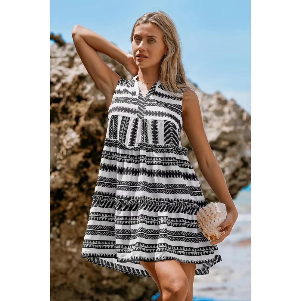Cupshe Sleeveless Tiered Dress Black White Geometric Print Casual Summer Size‎ M
